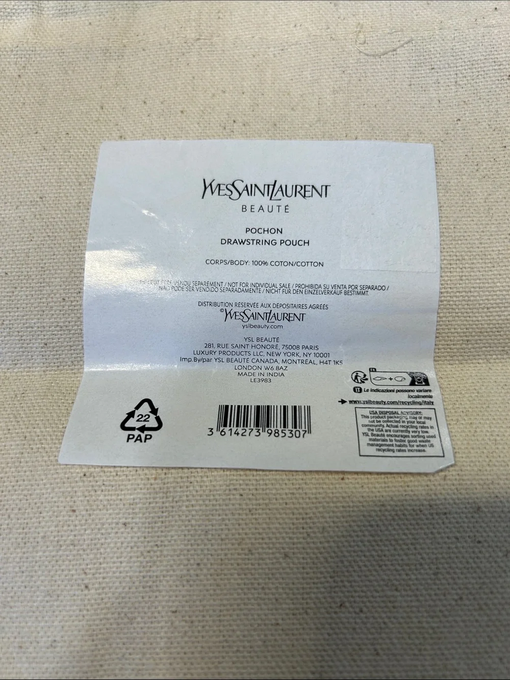Yves Saint Laurent Neutral Canvas Drawstring Pouch with Black Logo